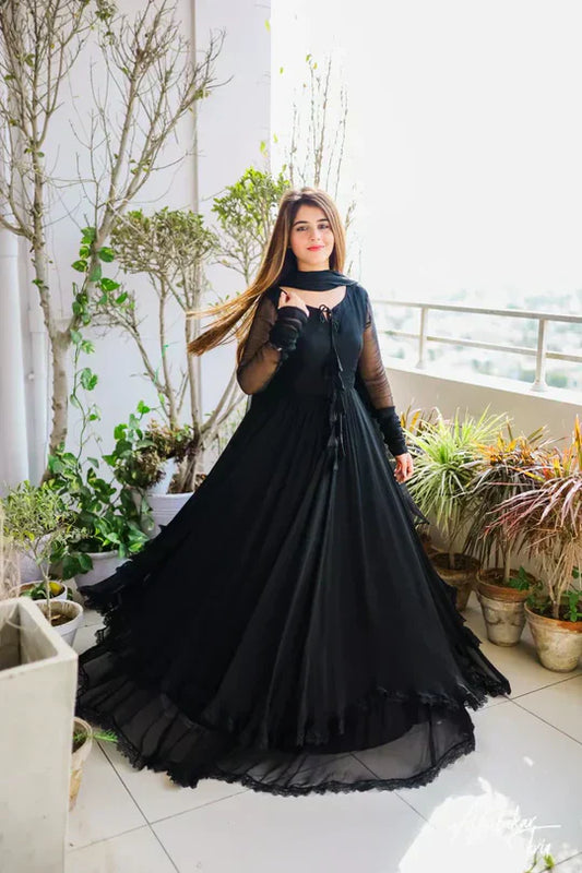 Beautiful two layers dress  Front Back Lace Work Long Flare Maxi With dupatta 3pcs